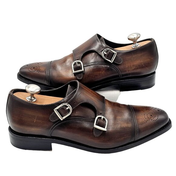 Chalk Mark Men's 8.5 Antique Patina Brown Dress Shoes Double Monk Strap Loafers - Picture 4 of 11